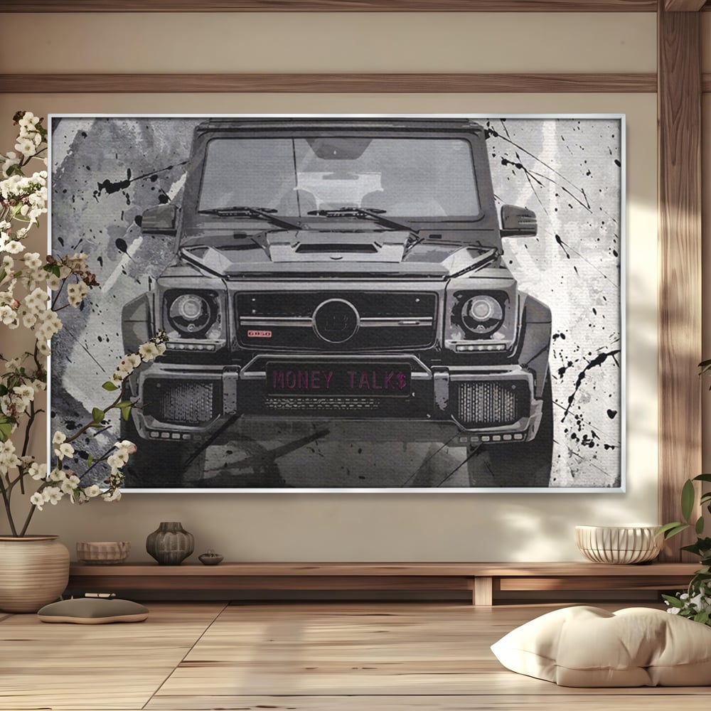 Tablou canvas cu tablou canvas cu masina mercedes neagra, in rama de aluminiu argintiu